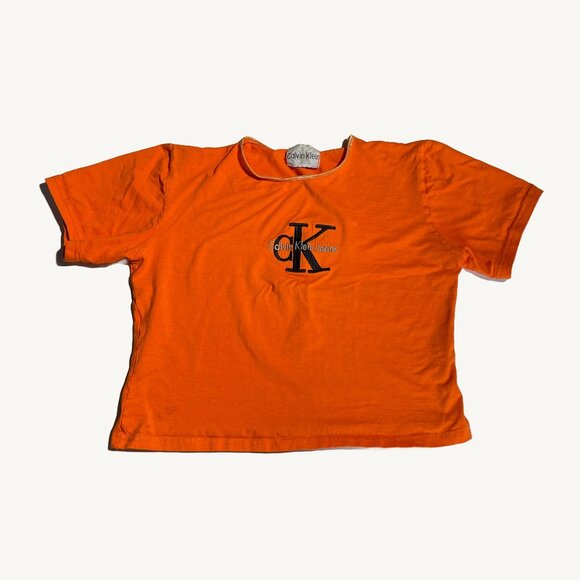 Orange Vintage Calvin Klein Cropped T-Shirt Top Size Small - Picture 1 of 9